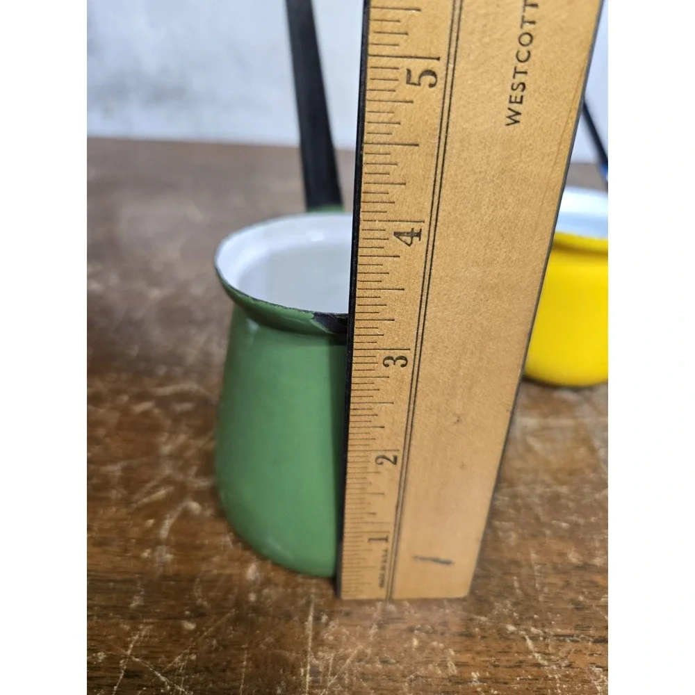 Vintage Enamelware Pouring Pots Set of 3 Green Yellow Blue Long Handle